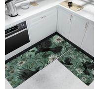 Noir Impressionnisme Tapis de Cuisine 2 pièces antidérapant Lavable Corbeaux Marguerites vignes Ensembles de Tapis pour Le Couloir, la Salle à Manger et l’ entrée, 40x60cm+40x120cm
