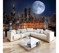 Noir Moderne Papier Peint Intissé Fresque Murale 200 x 140 cm, Ville Bâtiments Lune Poster Murale Photo, pour Salon Chambre Salle à Manger Effaçable Papier Peint Panoramique