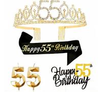 Noir Or 55 Ans Decoration Anniversaire, Inclus 55 Ans Echarpe et Couronne Anniversaire,Bougie,Happy Birthday Cake Toppers Decoration Garcon Fille Femme Homme