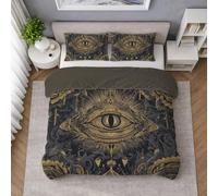Noir & Or Housse de couette 220 x 240 - 2 Personnes - Dark Aesthetic Œil de la Providence Illustration Solennel Mystère Luxe Thème Imprimée Parure de Linge et 2 Taies pour Chambre Homme Premium