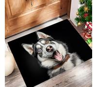 Noir Paillasson Attrape-Poussière, Portrait d'un Husky Excité Tapis de Sol Antidérapant Lavable en Machine, Photographie Animalière Absorbantes pour Entrée Porte et Couloir -
