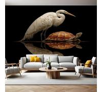 Noir Papier Panoramique Mural Aigrettes et tortues Papier Peint Intissé Poster Tableaux Muraux Tapisserie Photo pour Salon Canapé TV Fond Décoration Murale 350 x 256 cm
