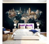 Noir Papier Peint Intissé 200x140 cm Carte du monde des bâtiments célèbres Papier Peint Panoramique Mural Affiche Géante Décoration Murale Photo Salon Chambre D'enfant Décor Fond TV