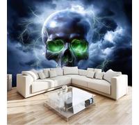 Noir Papier peint photo en non-tissé - 200 x 140 cm 3D Poster Geant Mural Motif Fantaisie Nuages Sombres Éclairs Crâne, Décoration murale pour salon chambre à coucher restaurant