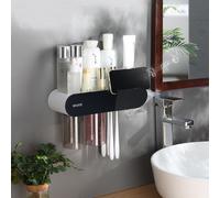 (Noir) Porte-brosse à dents Porte-brosse à dents magnétique sans poinçonnage, porte-brosse à dents avec 2 gobelets, montage mural avec distributeur de dentifrice, tiroir à cosmétiques, porte-brosse à