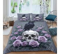 Noir raven Ensemble De Literie 3D Effet Microfibre 3 Pièces Hypoallergique Gothic floral design Linge de Lit avec Taie d'oreiller Facile d'entretien for Chambre de adolescents Super king（260x220cm）