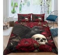 Noir Raven Housse de Couette 3 pièces 3D Effet Microfibre résistante Gothic Floral Art Linge de Lit avec Taie d'oreiller Entretien Facile for Couple Single（140x200cm）