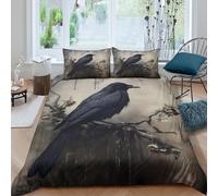 Noir Raven Perched Ensemble De Literie Microfibre 3 Pièces Imprimé en 3D Super Douce Gothic Dark Art Housse de Couette avec Fermeture Éclair Résistante for Chambre de garçons Single（135x200cm）