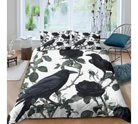 Noir Raven Perched Linge de Lit Confortable Microfibre Hypoallergique 3 pièces Gothic Floral Art Housse de Couette avec Fermeture Éclair Résistante for Chambre à Coucher Super King（260x220cm）