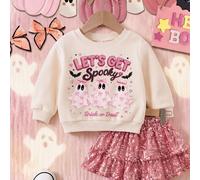 Noir & Rose Doux Mignon Nœud d'Halloween & Petit Fantôme Motif Pailleté, sweat-shirt Col Rond Ample Doux et Confortable pour Bébé Fille, Convient pour l'Automne/Hiver Quotidien, Halloween, Fête en Fam