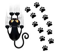 Noir Stickers Chat pour Voiture - Mignon et Drôle Autocollant Humour avec 12 Empreintes de Griffes pour Décoration de Porte (Les Yeux Jaunes)