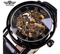 (Noir) T-winner Hommes Relogios Squelette Montres Marque Luxe Cuir Rayé Montre-Bracelet Hommes Mécanique