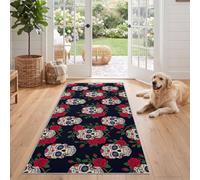 Noir Tapis Couloir Long Gothique Crâne, 60x240 cm Doux Antidérapant Lavable | Poils Courts Funky Fleur Rose Liane Tapis de Sol pour Cuisine Entrée Salon Chambre Descente de Lit Salle de Bain