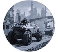 Noir Tapis Français Rond Antidérapant, Bâtiments Véhicules Blindés Motif Doux Tapis Poils Courts pour Salon Couloir Chambre Cuisine Descente de Lit - 100 cm