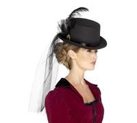 Noir Victorien Haut Chapeau Avec Voile Plumes Broche Femmes Déguisement