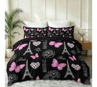 Noir Vintage Illustration Douce Respirable Microfibre Parure de Lit, Housse de Couette Papillon Tour Eiffel Pivoine avec Taies d'oreiller, 135 x 200 cm