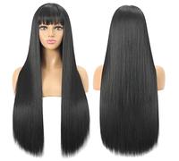 Noire Perruque pour Femme Naturelle Longue Droite avec Frange, 75cm Perruque Synthétique Cheveu, Long Black Straight Hair Wig with Bangs for Women