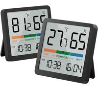 NOKLEAD Thermomètre d'ambiance numérique Hygromètre d'intérieur Moniteur de température et d'humidité avec date horloge Indicateur de confort Affichage Calibration pour chambre de bébé (Noir-2PCS)