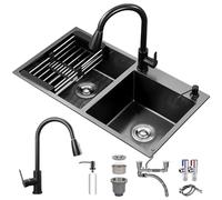 NOKTAI Lavello da cucina in Acciaio INOX a doppia vasca Con rubinetto e filtro, silenzioso, da incasso/montato, finitura Spazzolata, Grande capacità, Perfetto per CASA, ristorante, Bar (Nero 82x45)