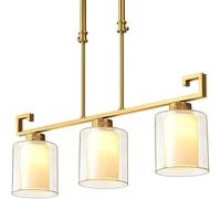 NOKTAI Lustre en Laiton brossé à 3 lumières, Style Moderne du Milieu du siècle, doré, avec 2 Abat-Jours en Verre, luminaire Suspendu Classique, lustres linéaires compatibles avec la Salle