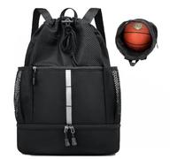Nokwocy Sac à Dos de Sport, avec Cordon de Serrage, Sac de Basket-Ball, pour Homme et Femme, en Maille, avec Compartiment Humide et Compartiment à Chaussures, léger (Black)