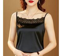 NOLEGA Débardeurs Femme,Femmes Rouge Soie Satin Camisole Gilet Fleurs en Dentelle Creuse Couture Spaghetti Sexy Chemise Mode Élégante Cami Débardeurs Été Décontracté Hauts sans Manches T-Shirt Chem