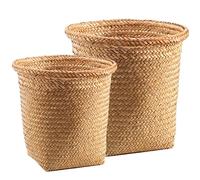 NOLITOY 2 Pièces Corbeille À Déchets en Jonc De Tissé Poubelle en Osier Corbeille À Papier Ronde Poubelle en Rotin Panier À Linge Pot pour Chambre Salle De Bain Cuisine Bureau À