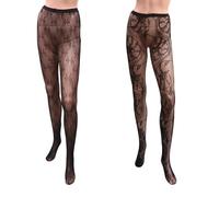 NOLITOY Lot de 2 Collants Résille Jacquard Noir Été, Modèle Noeud et Grosse Roue, Bas Résille pour Femme, Taille Unique, Maille Fine Ajourée, Extensible et Respirante, Style Rétro