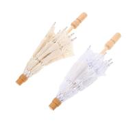 NOLITOY Lot de 2 Mini Parapluies Décoratifs en Dentelle Blanche et Beige Diamètre 29 CM Poignée 26 CM en Bois Parasol Romantique Vintage pour Séance Photo de Mariage et Décoration