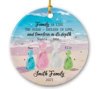 Nom de famille Décoration en verre de mer Arbre de Noël, personnalisé Family is Like The Ocean Ornement, Familles côtières de quatre cadeaux souvenirs pour maman papa, noms personnalisés Familles