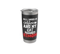 Nom du chat Simon Gifts All I Need Is Coffee Chat nommé Simon Gobelet isotherme en acier inoxydable double paroi