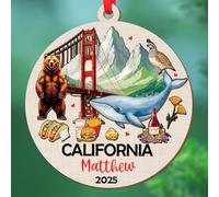 Nom personnalisé paysage de Californie 3D ornement en bois, symboles californiens décoration de Noël, souvenir de voyage personnalisé de l'État de Californie 2 couches, souvenirs de Noël des