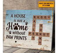 Noms personnalisés - Maison avec Empreintes de Pattes Puzzle de Mots Croisés pour Animaux de Compagnie - canevas Encadrée Personnalisée sans Cadre Oeuvre Murale - Cadeau pour Amateurs de Chiens, Saint