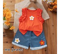 [Non-Denim] Robe à manches courtes col rond pour jeunes filles, couleur orange vif, pleine de vitalité ensoleillée, associée à des shorts effet jean, décor floral 3D, ajoutant de la douceur. Cette ten