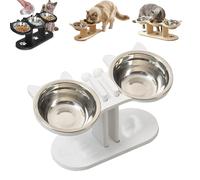 Non-Slip Raised Feeding Trough with 3 Bowls for Pets, Elevated Cat Bowl Feeding Bowl with Wooden Stand Supports Natural Eating Dry Food, Wet Food, Water Bowl for Cats, Small Dogs (A)