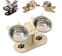 Non-Slip Raised Feeding Trough with 3 Bowls for Pets, Elevated Cat Bowl Feeding Bowl with Wooden Stand Supports Natural Eating Dry Food, Wet Food, Water Bowl for Cats, Small Dogs (E)