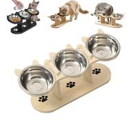 Non-Slip Raised Feeding Trough with 3 Bowls for Pets, Elevated Cat Bowl Feeding Bowl with Wooden Stand Supports Natural Eating Dry Food, Wet Food, Water Bowl for Cats, Small Dogs (F)