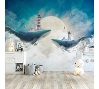 Non-tissées Photo papier peint Baleine de dessin animé avec ciel bleu et nuages blancs 3D Peintures murales fond d'écran photo salon TV fond d'écran mural 350x256 cm
