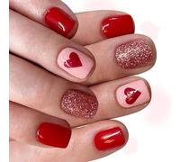 Non Toxique ABS Court Carré Presse Sur Les Ongles 24 Pièces Rouge Paillettes Ombres Coeur Art Sans Danger Pour Un Usage Quotidien Facile À Appliquer Faux Ongles Court Carré