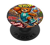 None Stop New York City Teddy Bear Playing Street Basketball PopSockets PopGrip Adhésif
