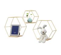 NoneDanGee Lot de 3 étagères murales hexagonales en métal - 3 tailles - Décoration pour chambre à coucher, salon, bureau (doré)