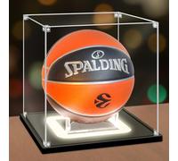 NONEMEY Vitrine de Basket-ball avec lumière,Boîte de basket-ball en acrylique protégée contre les UV avec base en bois,Vitrine pour de Autographié Sport Ballon,Cadeaux de basket-ball, 27x27x27 cm