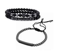 NONGYU Lot de 3 bracelets réglables en pierre naturelle noire pour homme - Cadeau d'anniversaire - Perles en zircon - Noir
