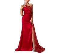 NONGYU Robe de bal sans manches à épaules dénudées en satin avec fente haute et paillettes scintillantes, robe de soirée en queue de poisson pour femme, Rouge, L