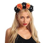 NONGYU Serre-tête effrayant pour enfants Halloween sur le thème des fleurs - Bandeau squelette foncé avec roses colorées