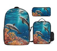 NONHAI Ensemble sac à dos de voyage - Beau monde sous-marin dauphins corail pour ordinateur portable, sac à déjeuner, trousse à crayons, sac à livres pour femme, style, taille unique, Style :, Taille