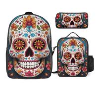 NONHAI Ensemble sac à dos pour femme et homme - Motif tête de mort colorée - Sac à déjeuner - Trousse à crayons - Sac à dos de voyage - Style - Taille unique, Style :, Taille unique