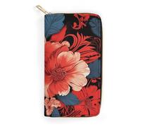 NONHAI Portefeuille en cuir à motif floral rouge pour femme - Portefeuille de travail à fermeture éclair pour téléphone portable - Portefeuille long ultra fin avec poche à fermeture éclair pour le