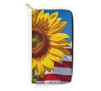 NONHAI Portefeuille en cuir pour femme avec motif tournesol et drapeau pour le travail avec fermeture éclair pour téléphone portable, portefeuille long ultra fin avec poche zippée pour le shopping,