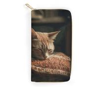 NONHAI Portefeuille pour femme en cuir avec motif chat endormi pour le travail Portefeuille à fermeture éclair pour téléphone portable Portefeuille long portefeuille ultra fin avec poche zippée pour
